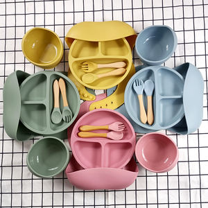 LOW MOQ Toddler Feeding Utensils Food Grade Silicone Strong Suction Bowl Divided <strong>Plate</strong> Washable Bebe Babero Wood Handle Spork - Product Image 1
