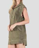 Robe décontractée personnalisée pour femme, coupe asymétrique, longueur genou, manches courtes, col à revers, effet délavé, demi-fermeture éclair, en tissu éponge