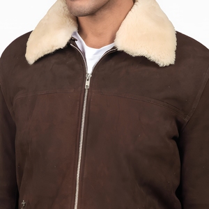 Brown <b>Suede</b> Bomber <b>Jacket</b> With Faux Fur Collar Zipper Closure Winter Unisax Thick Windproof Coat Regular Fit Full Sleeve <b>jacket</b> - Product Image 4
