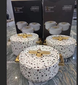Juego de Tazones para Servir con Retención de Calor Avanzada, con Tapa con Barra en T Dorada Única, Calentador de Alimentos con Aspecto de Mármol para Comidas Festivas - Product Image 5