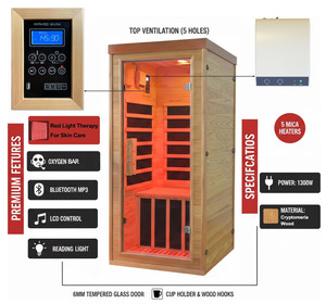 <span class=keywords><strong>Sauna</strong></span> infrarouge de haute qualité pour 1 personne, 1300W, 110V, intérieur, en bois, avec thérapie par lumière rouge - Product Image 3