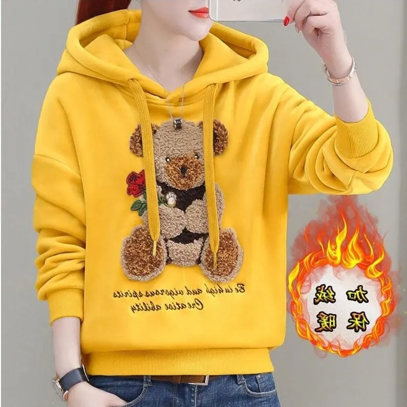 2022 autumn and winter new double-sided golden velvet sweater women's Hoodie cartoon embroidered bear thickened jacket