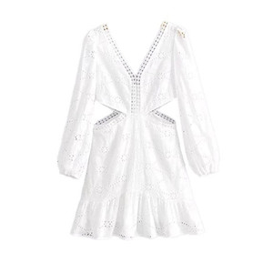 SHENZU เดรสเอวสีขาวสไตล์ฝรั่งเศสสำหรับผู้หญิง, เดรส<span class=keywords><strong>ยาว</strong></span>เปิดคอคอวีดีไซน์เซ็กซี่เปิดเอว - Product Image 1