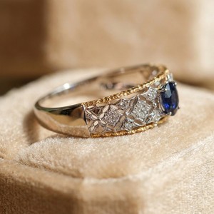 Xinfly Solid 18K Gold Royal Blue Sapphire Diamond <b>Ring</b> Italian Style Hand Engraved AU750 <b>Two</b> Tone Vintage Fine Jewelry for Women - Product Image 2