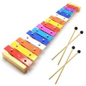 Natural Wooden Toddler Xylophone Glockenspiel For Kids with Multi-Colored Metal Bars Included Two Mallets 15 Tone