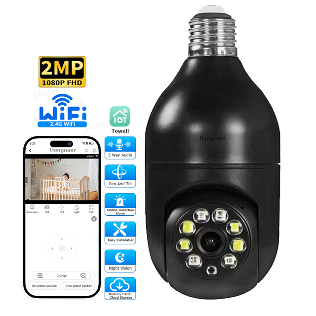 Hongnaer 2MP Night Vision Two Way Audio WiFi E27 Bulb Smart Home Security PTZ IP Camera Towell 360 Degree CCTV WiFi Bulb Camera