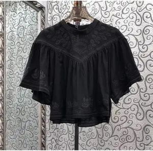 クロップトップス2024サマーファッションブラウス高品質デザイナーブラウス女性豪華な刺Embroidery半袖ブラックホワイトトップス