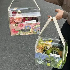 Logo Custom Newly Clear PVC Transparent Window Gift Flower Paper Carrier Bag Folding Flower Cake Box For Valentine's Day