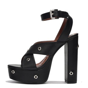 Metal Circles Ornaments Women Thick <b>Platform</b> Sandals Square <b>Open</b> <b>Toe</b> High Chunky <b>Heels</b> Cross Straps Denim Shoes - Product Image 6