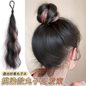 Self <b>Wrapped</b> Bun Wig With Highlights For Women Hair Extension Long Wavy Brown Pink Purple Color Updo Hair Tie - Product Image 4