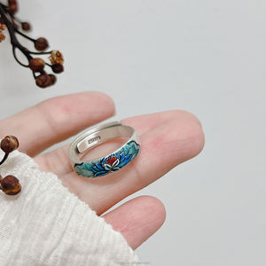 Bague ouverte en émail de Style ethnique Vintage, certifiée S999, couleur bleu cuit, Lotus, graine de Lotus, bague de mode nationale pour femmes - Product Image 4
