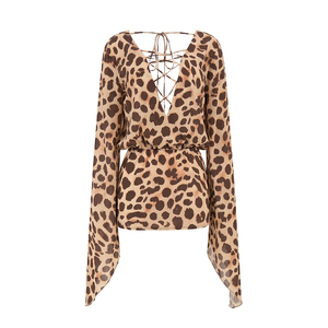 Viviblook C26DS177 Nuevo vestido mini de fiesta informal de verano para mujer con estampado de leopardo y cuello en V con cordones y mangas anchas - Product Image 4