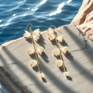 नाजुक थोक बालियां गहने सफेद फूल लंबे टाससेल बालियां, महिलाओं के लिए बहुत सिम्युलेटेड मोती ड्रॉप बालियां - Product Image 3