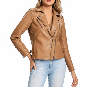 Chaqueta de cuero de mujer de diseño OEM personalizado de MOQ bajo para la venta Precio razonable Chaqueta de cuero de mujer de secado rápido - Product Image 1