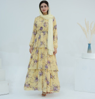 Accessoires de vêtements musulmans traditionnels nouveau modeste imprimé fleuri à volants à manches longues Maxi Hijab robe Abaya fête décontracté été