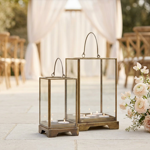 Wholesale Square Modern Brass Metal Frame Clear Glass Hurricane Candle Holders for Weddings Decoration - Product Image 1