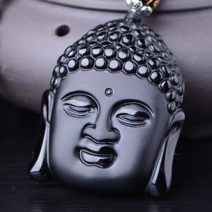 Chine vente en gros pas cher grosses perles religieuses thaïlandaises obsidienne noire visage <span class=keywords><strong>bouddha</strong></span> pendentif collier masculin bijoux avec chaîne en corde pour hommes - Product Image 2