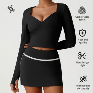 ゴルフテニスセットフィットネスカラーマッチング速乾性長袖ワークアウトトップ2イン1スカート - Product Image 5