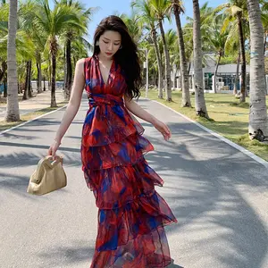 Gaun pantai modis tanpa lengan Floral cetak populer gaun pesta Ruffles seksi musim panas wanita Thailand
