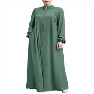 Abaya pour femme, couleur unie verte, manches longues, col montant, longueur au sol, robe modeste, coupe ample, polyester, style Moyen-Orient - Product Image 1