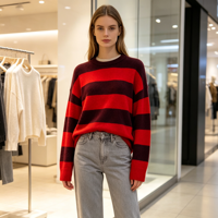 Pull en maille fine à rayures rouges surdimensionné décontracté à manches longues, personnalisé de haute qualité, OEM & ODM, collection automne