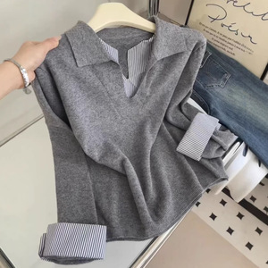 Pull en tricot à col rayé et patchwork pour femme, effet deux pièces, coupe ajustée, décontracté, chaud, pour le printemps et l'automne - Product Image 1