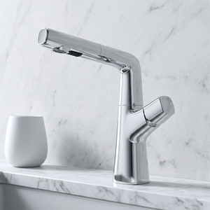 HONGDEC Polished Chrome <strong>Pull</strong> Out and Height Adjustable Bathroom Basin Faucet Rising Column Flow and Dense Spray Basin Tap - Product Image 1