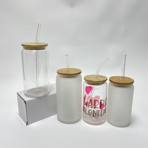 sublimation 12oz 16oz transparent tumbler cups can bamboo lid sublimation glass mason jar with clear plastic straw