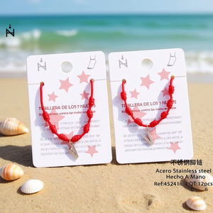 Cavigliera da donna in acciaio inossidabile con nodo a sette stelle, cordino rosso con ciondolo, gioiello fatto a mano, accessorio moda - Product Image 3