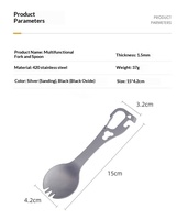 Fourchette-cuillère multifonctionnelle en acier inoxydable avec ouvre-bouteille, ouvre-boîte et mousqueton pour le camping, la randonnée, le trekking et les voyages en plein air
