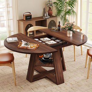 Modern Extendable Round Dining <b>Table</b> Solid Wood Multi-functional <b>Space</b> <b>Saving</b> with Storage Dining Room Furniture - Product Image 2
