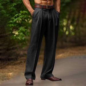 Nuovo da uomo con tasca inclinata a doppia piega in <span class=keywords><strong>lino</strong></span> tinta unita da esterno ogni giorno <span class=keywords><strong>pantaloni</strong></span> larghi a gamba dritta traspiranti - Product Image 2