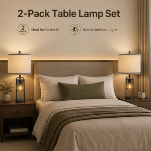 Lámpara de Mesa Metálica Retro, Paquete de Dos, Pantalla de Tela, Bombilla E27, Carga USB, Luz Decorativa Cálida para Dormitorio y Mesita de Noche - Product Image 2
