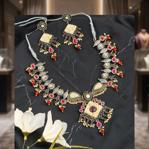 Oxidized Silver <b>Necklace</b> Set Carved Floral Motif <b>Ruby</b> Stone Pearl Drop Earrings Indian Ethnic Jewelry Wholesale For Women - Product Image 5