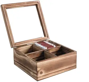 Organizador de bolsa de chá de madeira, 4 compartimentos, pacote de chá, caixa de coleção com janela de vidro transparente