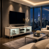 Console TV moderne de luxe, laque blanc nacré brillant, portes en verre teinté noir, pieds chromés, OEM