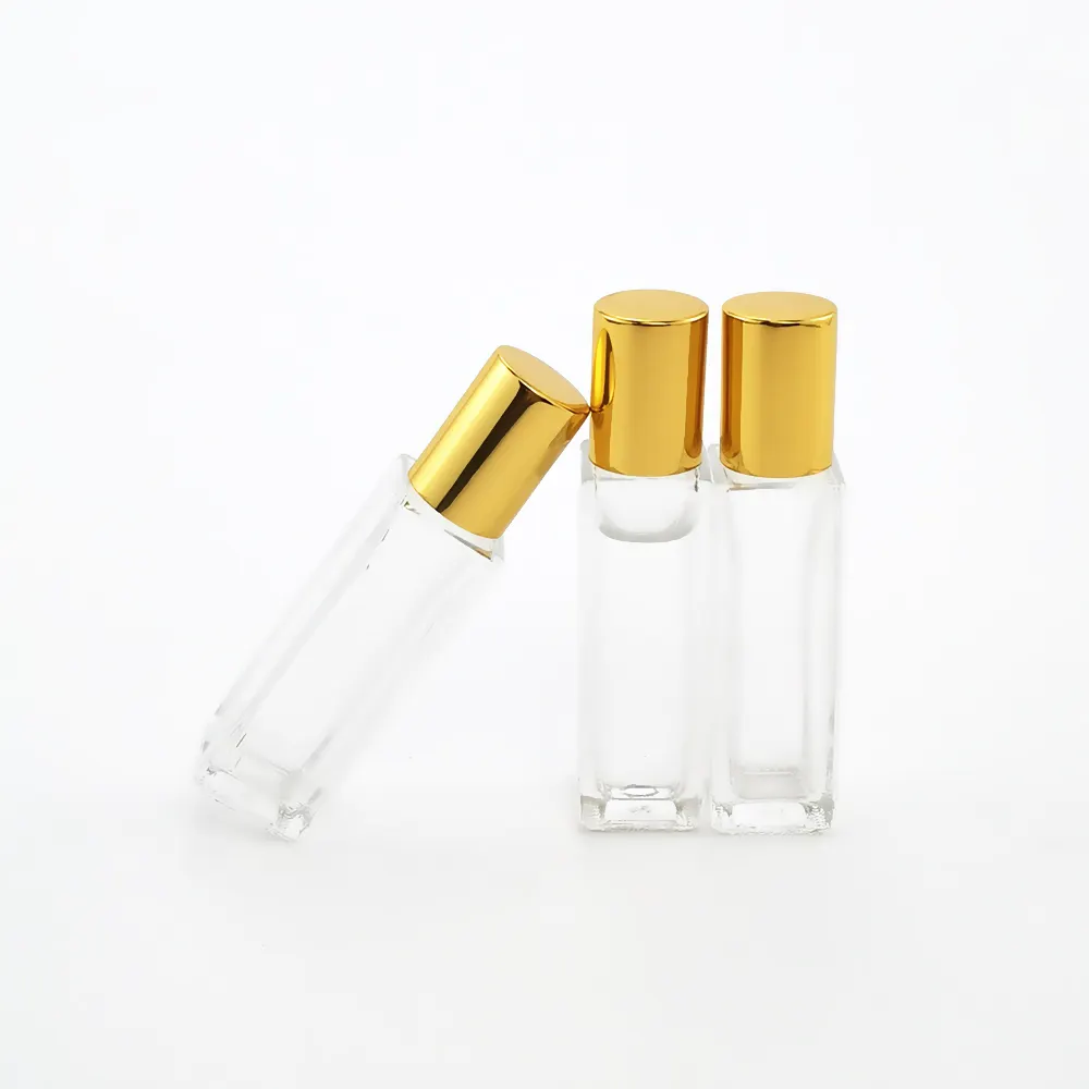 Roll-On Bottle 8ml Clear Square Attar Bottles Perfume Oil Roll On Glass Bottle with Roller Ball and Gold Cap