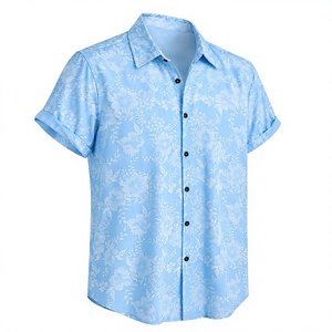 เสื้อเชิ้ตแขนสั้นพิมพ์ลายดอกไม้สีฟ้าอ่อนสำหรับผู้ชาย เสื้อเชิ้ตติดกระดุมลำลองสำหรับฤดูร้อน ชายหาด วันหยุด รีสอร์ท ขายส่ง - Product Image 3