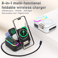 15W 8 en 1 Estación de carga plegable retráctil Reloj digital RGB LED Cargador inalámbrico magnético para iPhone Series Material de PC