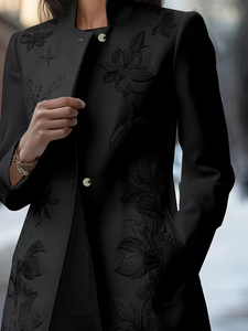 Blazer Elegante para Mujer 2026 al por Mayor, Chaqueta Negra con Bordado Floral Suave y Cuello Alto - Product Image 2