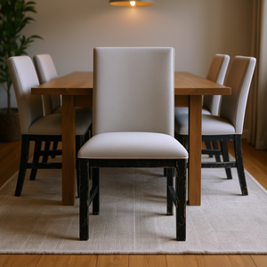 Chaise de salle à manger rembourrée grise avec cadre en bois noir vieilli, dossier en tissu, design rustique, meubles de cuisine et de salle à manger - Product Image 2