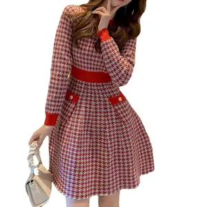 Women's plaid knit elegant luxury pink tweed dress ladies's spring and autumn long-sleeved mid-long knitted base skirt