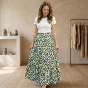 Falda larga escalonada con estampado floral para mujer |   Falda Casual Boho 100% Algodón con Cintura Elástica |   Fabricante Ecológico de OEM y ODM - Product Image 1