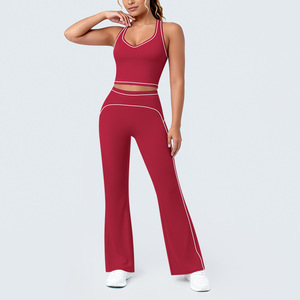 Durable <strong>Plus</strong> <strong>Size</strong> Nylon Yoga Sport Set High Waisted Wide Leg Trousers Crop Sports Bra Butt Shaping Seamless Recyclable Ruched - Product Image 3