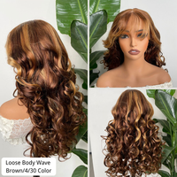 Pelucas de Cabello Humano Ondulado Suelto al por Mayor con Flequillo, Sin Pegamento, Encaje Frontal Transparente, con Reflejos, Rizos Voluminosos, Pelucas de Cabello Virgen