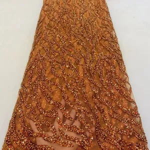 2022 New Burnt Orange 3d Beaded Sequins Lace Fabric African Wedding Bridal Lace Dress 5 Yards Wholesale HY1945