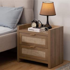 Hot selling Boho Rattan Nachttisch mit Aufbewahrung Beistell tisch Beistell tisch mit 2 <span class=keywords><strong>hand</strong></span> gefertigten Rattan Schubladen für Small space Schlafzimmer Braun - Product Image 1