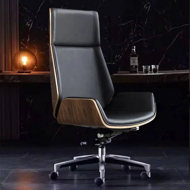 Foshan-silla giratoria de oficina ejecutiva, sillón de cuero negro con Carcasa de madera de nogal, espalda alta