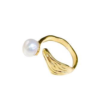 Handmade Gold Material <b>Ring</b> Natural Freshwater Pearl with Feather <b>Opening</b> Star Style Color Preserved Personalized <b>Ring</b> - Product Image 5
