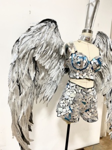 W Silver Feather Wings Angel Mirror Disfraces Pasarela Trajes de escenario <span class=keywords><strong>Rave</strong></span> Nightclub Drag Queen Cosplay Festival Party Costume - Product Image 1
